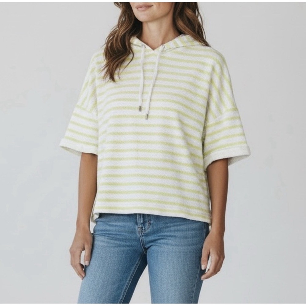 Lou‎ & Grey Striped Short Sleeve Hoodie Women Medium Yellow White
